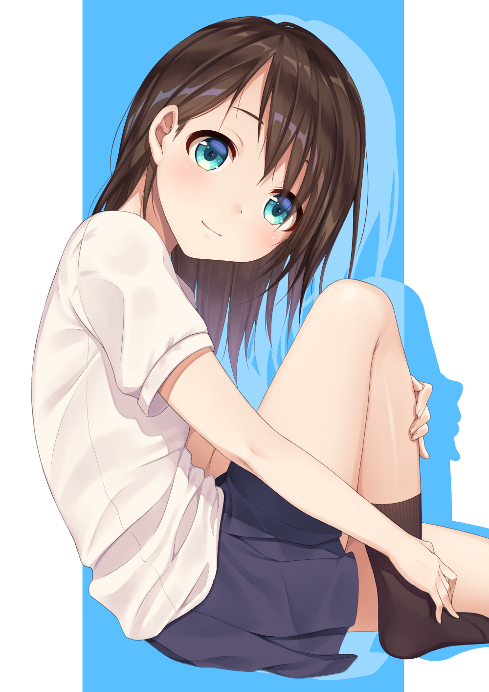 1girl bangs black_legwear blouse blue_eyes blue_skirt blush brown_hair closed_mouth from_side highres knee_up light_smile long_hair looking_at_viewer original ribbed_legwear school_uniform short_sleeves silhouette sitting skirt smile socks solo uniform warabimochi_kinako white_blouse