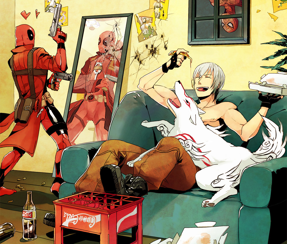 3boys amaterasu animal beer_crate boots bottle brand_name_imitation bullet_hole capcom closed_eyes coat coca-cola crate crossover dante_(devil_may_cry) deadpool devil_may_cry eating ebony_&amp;_ivory food gun handgun heart long_coat male_focus marvel marvel_vs._capcom marvel_vs._capcom_3 mirror multiple_boys ookami_(game) open_mouth pizza poster_(object) revision ryuu_(street_fighter) sen_nai shirtless smile spider-man spider-man_(series) street_fighter thor_(marvel) trench_coat upside-down weapon white_hair wolf x-23 x-men