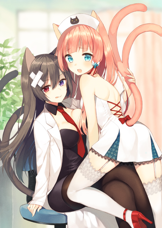 2girls :q animal_ears black_legwear blue_eyes blush breast_press breasts cat_ears cat_tail chair cleavage detached_collar fang forked_tail garter_straps hat heterochromia high_heels ichijou_kokona labcoat lace lace-trimmed_thighhighs large_breasts legs_crossed long_hair looking_at_viewer midorikawa_you multiple_girls multiple_tails necktie nekomata nurse_cap office_chair open_mouth orange_hair original pantyhose red_eyes revision sitting smile tail tail_grab thigh-highs tongue tongue_out violet_eyes