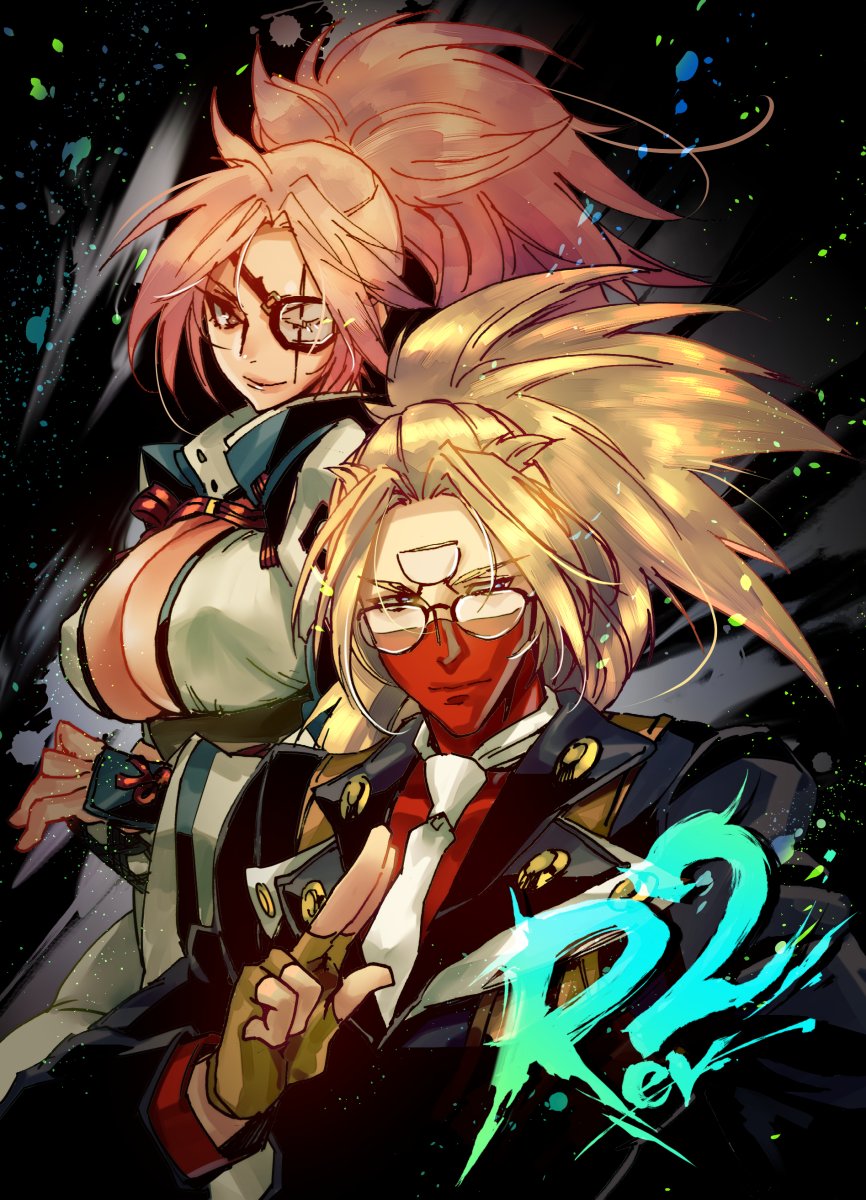 1boy 1girl amputee answer_(guilty_gear) baiken blonde_hair blue_eyes breasts cleavage face_mask formal glasses guilty_gear guilty_gear_xrd highres japanese_clothes kimono kin_mokusei large_breasts long_hair mask ninja one-eyed open_clothes open_kimono pink_eyes pink_hair ponytail red_eyes samurai scar scar_across_eye semi-rimless_glasses smile spiky_hair suit tattoo third_eye weapon