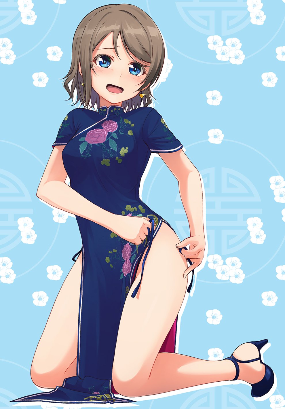 1girl bangs blue_background blue_dress blue_eyes blue_footwear blue_sky blush breasts brown_hair china_dress chinese_clothes colored_eyelashes dress earrings embarrassed floral_background floral_print flower from_side full_body glint green_flower grey_hair groin head_tilt heart heart_earrings high_heels highleg highres holding jewelry kneeling leaf legs looking_at_viewer medium_breasts nanotsuki open_mouth panties panty_straps parted_bangs pelvic_curtain purple_flower raised_eyebrows shadow shoes short_sleeves side-tie_panties side_slit sky solo strappy_heels swept_bangs thighs turtleneck tying tying_panties underwear untied untied_panties watanabe_you white_flower
