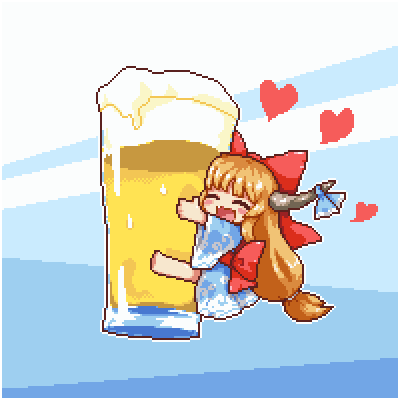 1girl :d ^_^ alcohol beer blue_background blue_bow blue_kimono blush bow closed_eyes commentary_request cup drinking_glass fang froth hair_bow heart horn_bow horns ibuki_suika japanese_clothes kimono kumamoto_(bbtonhk2) long_hair low_ponytail lowres object_hug open_mouth orange_hair pixel_art red_bow red_sash sash smile solo touhou very_long_hair wave_print wide_sleeves