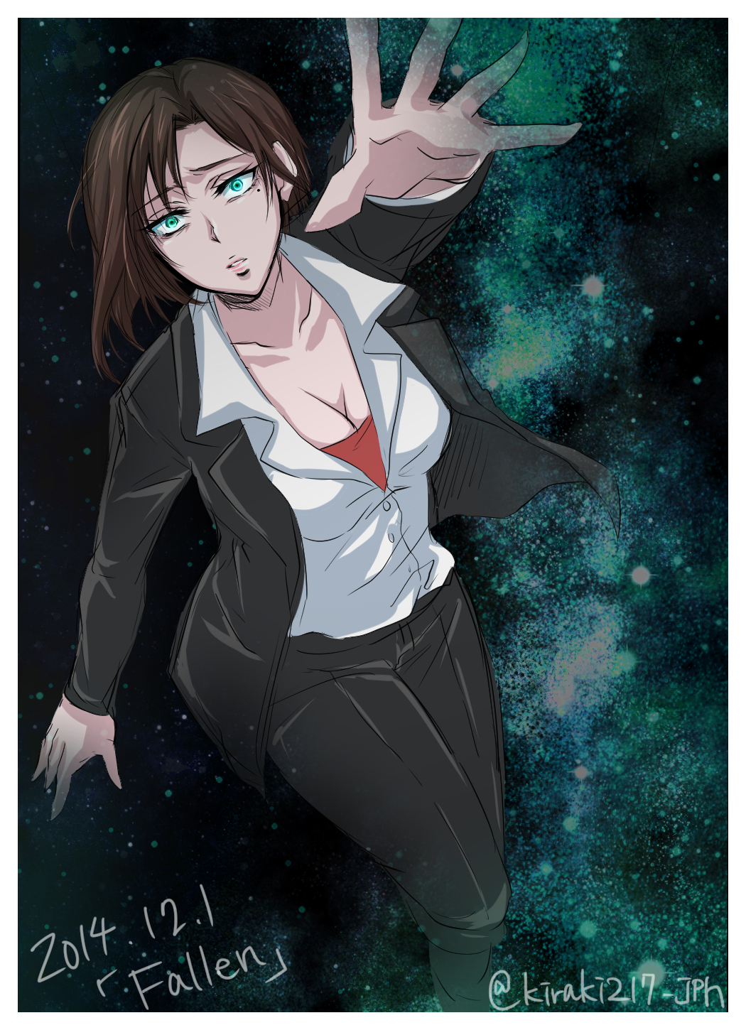 1girl aoyanagi_risa black_hair breasts cleavage dated green_eyes highres kiraki mole mole_under_eye outstretched_hand parted_lips psycho-pass short_hair solo