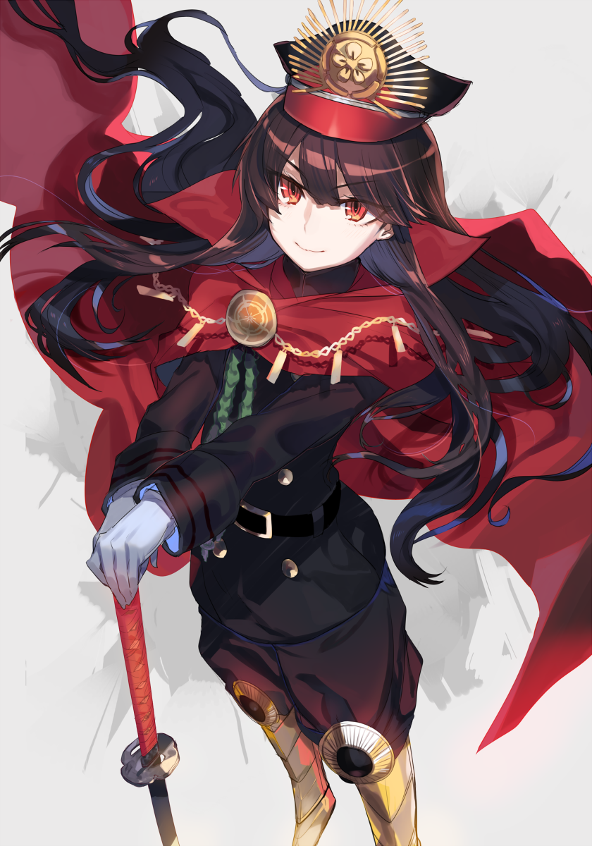 1girl belt black_hair cape closed_mouth cow_(shadow) demon_archer eyebrows_visible_through_hair fate_(series) floating_hair gloves grey_gloves hands_on_hilt hat highres koha-ace long_hair long_sleeves looking_at_viewer looking_up military military_hat military_uniform planted_sword planted_weapon red_cape red_eyes smile solo sword uniform weapon