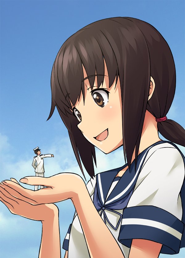 1boy 1girl admiral_(kantai_collection) black_hair blush brown_eyes epaulettes eyebrows_visible_through_hair fingernails fubuki_(kantai_collection) giantess jacket kantai_collection kuro_oolong long_sleeves looking_at_another military military_uniform open_mouth outdoors pants ponytail school_uniform serafuku short_hair short_sleeves size_difference sky smile uniform white_cap white_jacket white_pants
