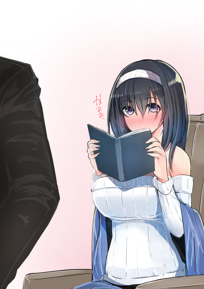 1boy 1girl black_hair blue_eyes blush book breasts chair formal gaichi hairband holding holding_book idolmaster idolmaster_cinderella_girls long_hair off-shoulder_sweater ribbed_sweater sagisawa_fumika shawl sitting solo_focus suit sweater