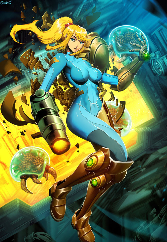 1girl arm_cannon armor blonde_hair blue_eyes bodysuit gauntlets genzoman metroid metroid_(creature) ponytail power_suit revision samus_aran skin_tight solo varia_suit weapon zero_suit