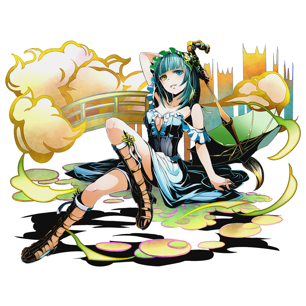 1girl aqua_eyes aqua_hair arm_up breasts cleavage collarbone divine_gate dress full_body headdress heterochromia holding long_hair looking_at_viewer medium_breasts official_art sitting sleeveless sleeveless_dress solo transparent_background ucmm yellow_eyes