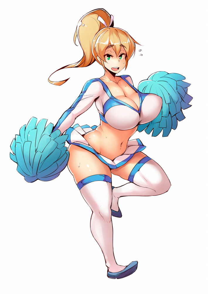 1girl blonde_hair bouncing_breasts breasts cheerleader cleavage crop_top green_eyes huge_breasts long_sleeves looking_at_viewer midriff miniskirt pom_poms ponytail revision skirt smile solo sweat thick_thighs thigh-highs thighs white_background wide_hips zako_(arvinry)