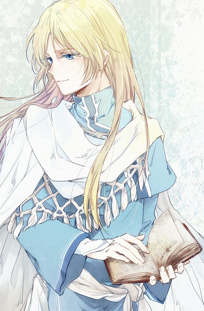 blonde_hair blue_eyes book cape fire_emblem fire_emblem:_rekka_no_ken holding holding_book long_hair looking_at_viewer lucius smile