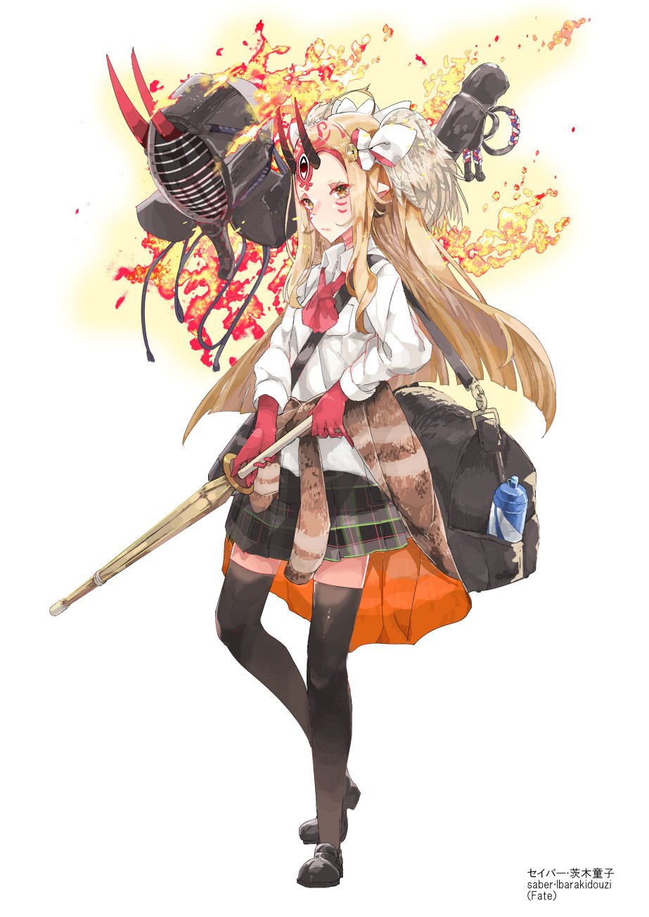 1girl :/ alternate_costume bag black_legwear black_shoes blonde_hair bottle bougu character_name clothes_around_waist commentary_request copyright_name english facial_mark fate/grand_order fate_(series) fire from_side full_body hair_ornament highres holding holding_sword holding_weapon ibaraki_douji_(fate/grand_order) jacket_around_waist long_hair long_sleeves omo_(utakatadice) oni oni_horns plaid plaid_skirt pointy_ears shinai shirt shoes shoulder_bag skirt solo standing sword thigh-highs water_bottle weapon white_shirt wing_collar yellow_eyes zettai_ryouiki