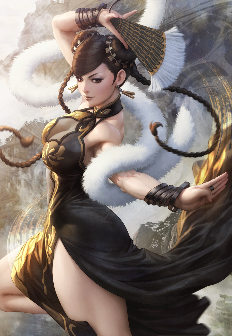 1girl alternate_costume armpits black_dress bracelet braid breasts china_dress chinese_clothes chun-li cleavage cleavage_cutout double_bun dress earrings fan fighting_stance folding_fan fur hair_bun halter_dress highres jewelry large_breasts lips looking_at_viewer nose revision ring see-through smile solo stanley_lau street_fighter street_fighter_v thick_thighs thighs toned twin_braids
