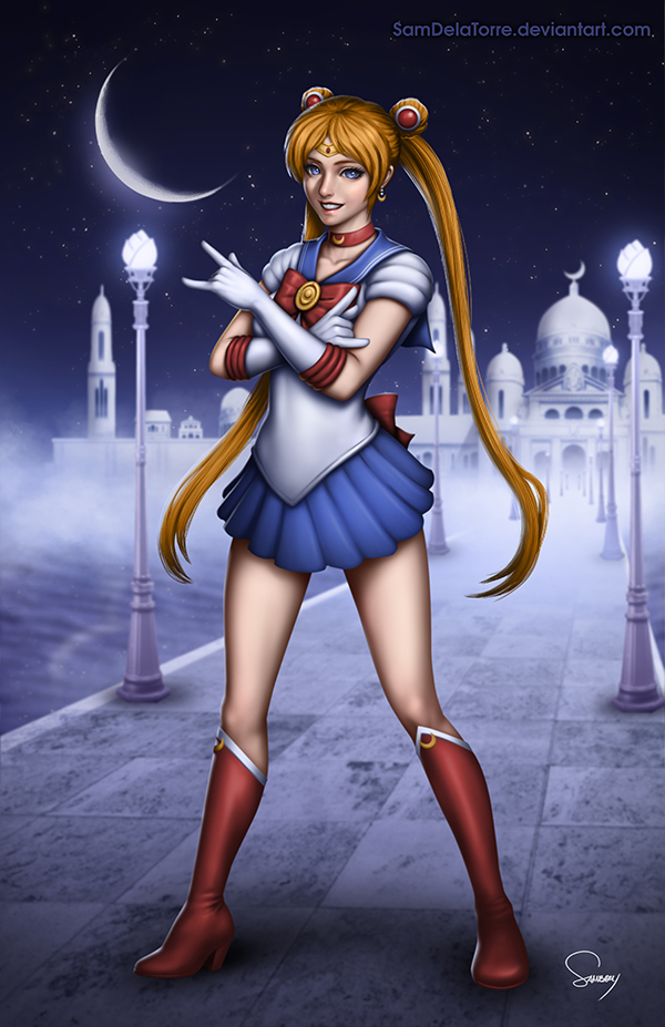 bishoujo_senshi_sailor_moon blonde_hair blue_eyes blue_skirt boots castle choker crescent crescent_earrings crescent_moon double_bun earrings elbow_gloves full_body gloves high_heel_boots high_heels jewelry knee_boots lamppost moon pleated_skirt red_boots sailor_collar sailor_moon sam_delatore signature skirt sky star_(sky) starry_sky tsuki_ni_kawatte_oshioki_yo tsukino_usagi twintails watermark web_address white_gloves