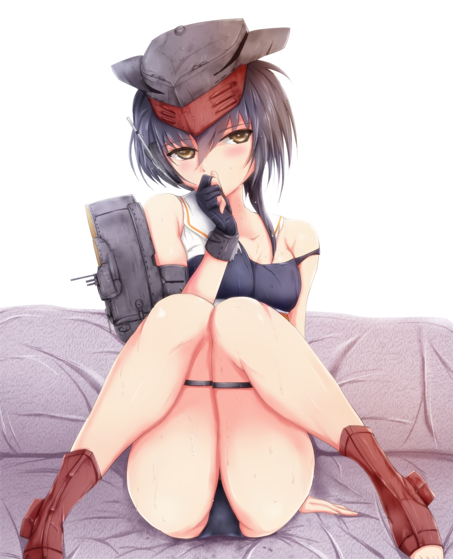 1girl arm_support ass asymmetrical_hair black_hair breasts brown_eyes covered_mouth framed_breasts full_body gloves hair_between_eyes i-13_(kantai_collection) kantai_collection knees_together_feet_apart looking_at_viewer mable medium_breasts partly_fingerless_gloves sailor_collar school_swimsuit short_hair single_glove sitting strap_slip swimsuit thigh_strap thighs tsurime