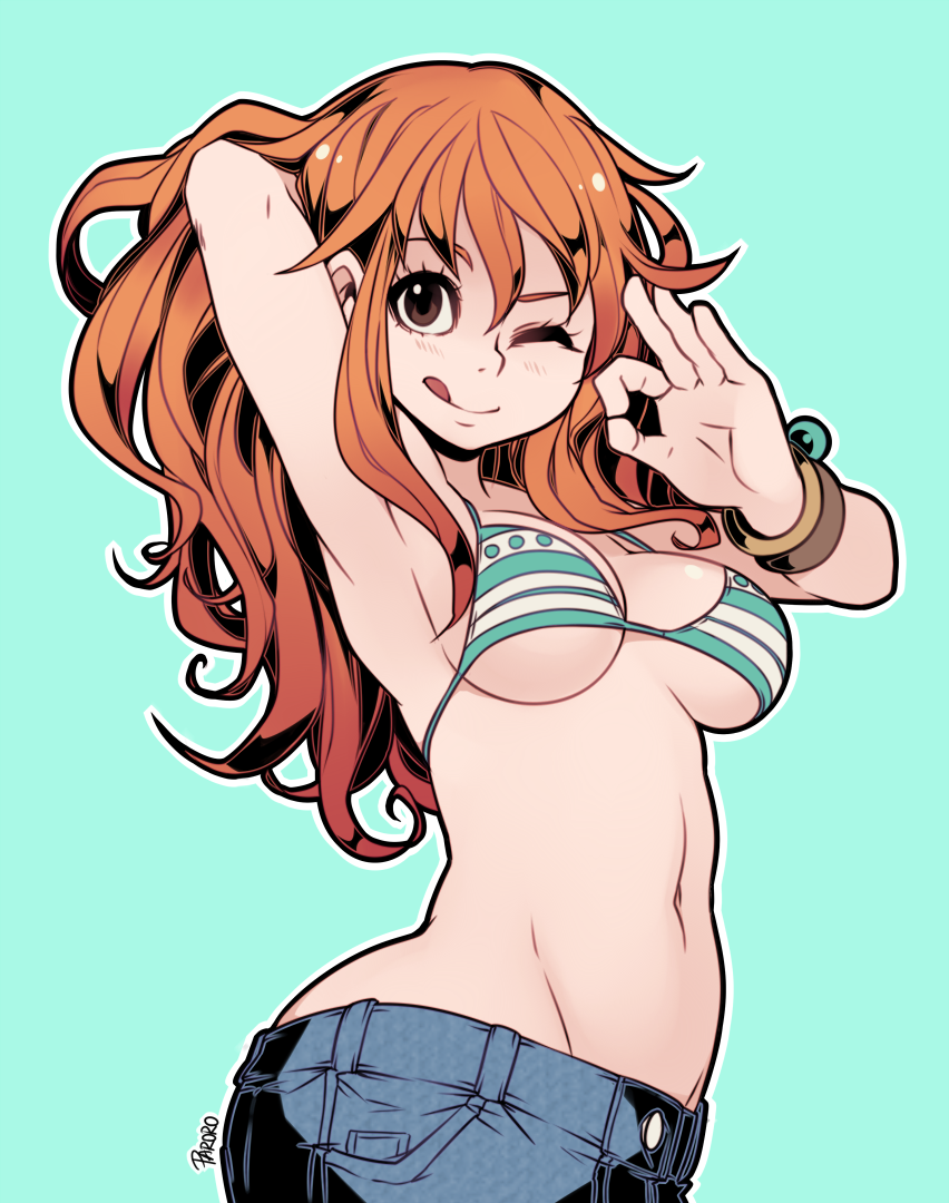 1girl arm_behind_head armpits ass bikini_top blue_background bracelet breasts denim jeans jewelry licking_lips looking_at_viewer maximiliano_cabrera nami_(one_piece) navel ok_sign one_eye_closed one_piece orange_hair pants simple_background solo stomach tongue tongue_out upper_body winking