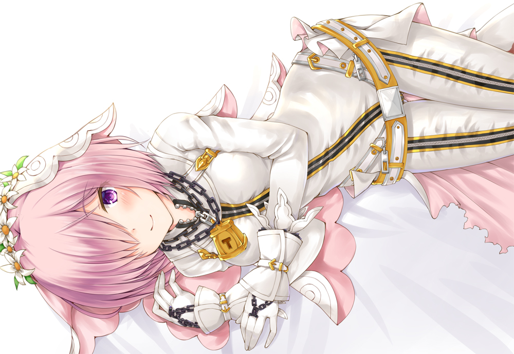 1girl alternate_costume belt bodysuit breasts bridal_veil chains cosplay fate/extra fate/extra_ccc fate/grand_order fate_(series) gloves hair_over_one_eye lock looking_at_viewer lying medium_breasts misui on_side padlock purple_hair saber_bride saber_bride_(cosplay) saber_extra shielder_(fate/grand_order) short_hair smile veil violet_eyes white_bodysuit white_gloves zipper