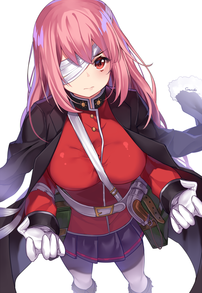 1girl bandage_over_one_eye belt between_breasts black_skirt closed_mouth commentary_request fate/grand_order fate_(series) florence_nightingale_(fate/grand_order) gendo0033 gloves gun jacket_on_shoulders long_hair looking_at_viewer looking_up military military_uniform one_eye_covered pink_hair pleated_skirt red_eyes simple_background skirt solo strap_cleavage uniform weapon white_background white_gloves
