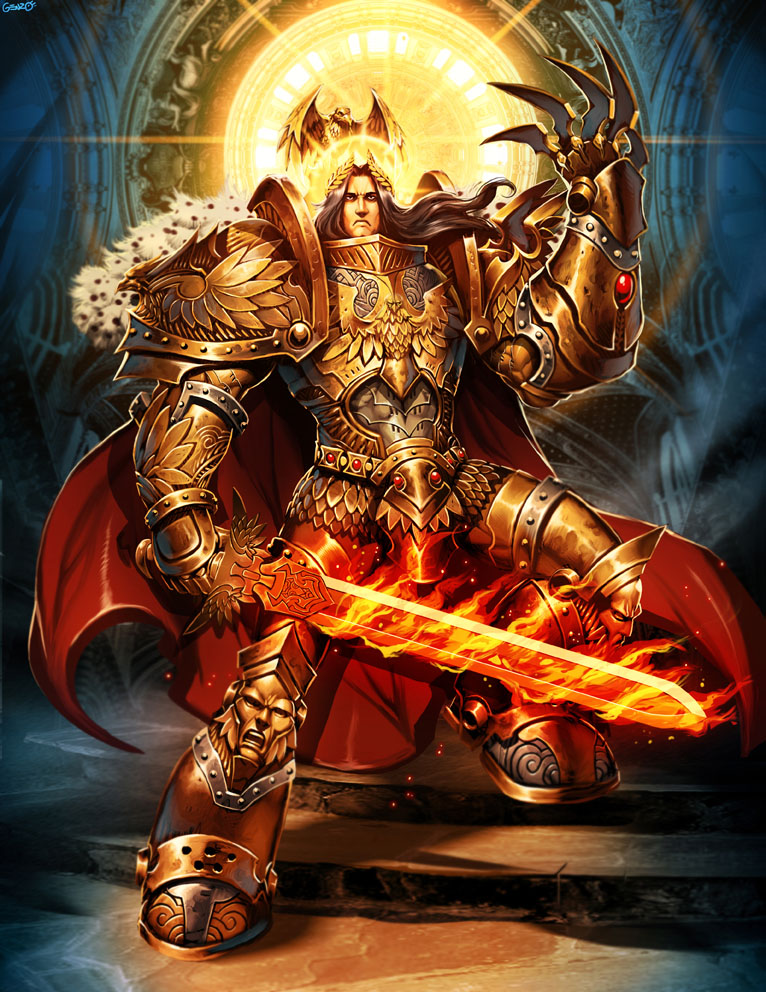 1boy aquila armor artist_name bird blade boots brown_hair cape claws eagle emperor_of_mankind epic fire flame flaming_sword gauntlets gem genzoman gloves gold gold_armor gothic greaves halo king knee_pads laurels long_hair male_focus manly mecha ornate pauldrons pelt power_armor power_suit realistic revision science_fiction scowl solo stairs standing sword warhammer_40k weapon wings wreath