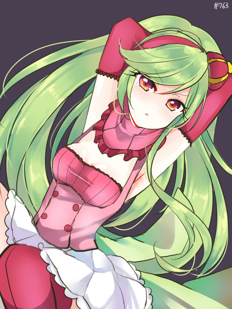 1girl arms_up blush breasts detached_sleeves eyebrows_visible_through_hair green_hair long_hair long_sleeves medium_breasts number orange_eyes personification pokemon pokemon_(game) pokemon_sm purple_background simple_background solo tsareena very_long_hair