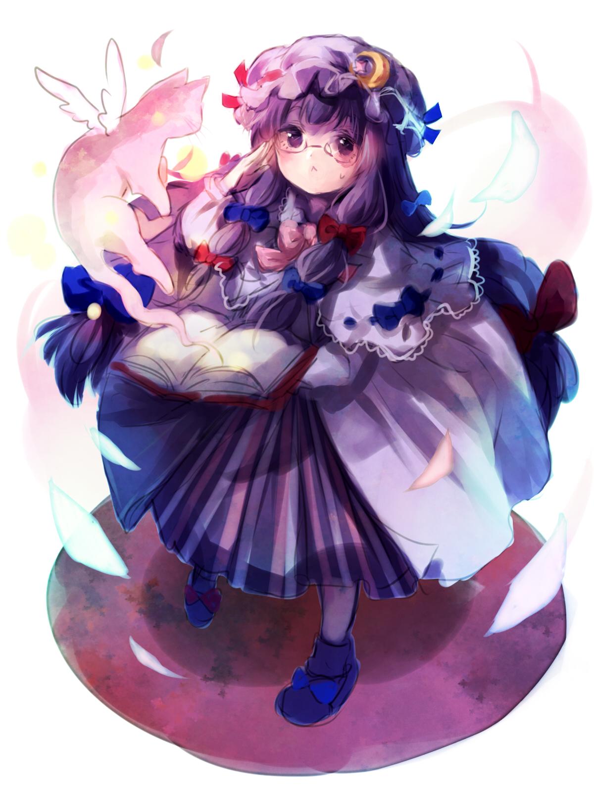 1girl animal bespectacled book bow capelet cat crescent dress full_body glasses hair_bow hair_ornament hat hat_bow highres long_hair long_sleeves mob_cap open_book patchouli_knowledge purple_hair sanso simple_background solo striped sweatdrop touhou vest violet_eyes white_background wings