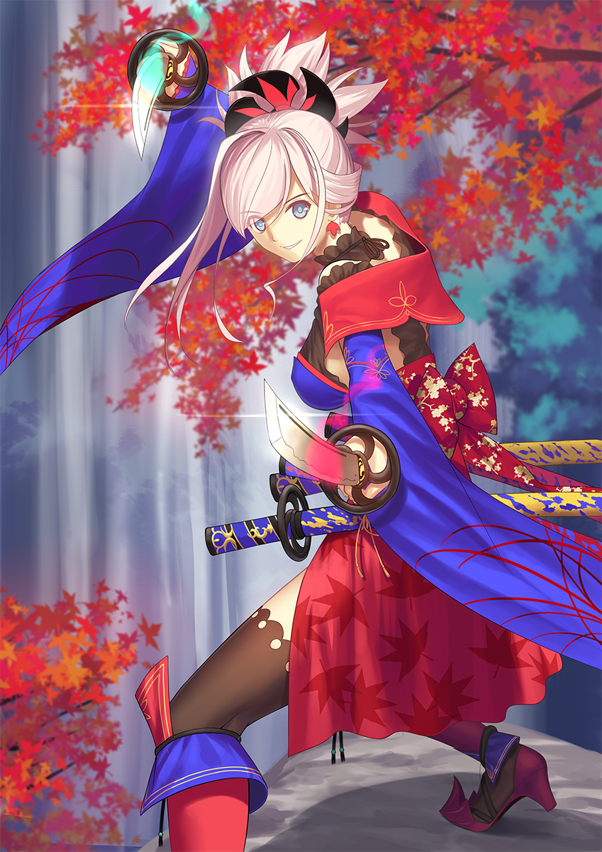 &gt;:) 1girl autumn_leaves bangs black_legwear blue_eyes boots breasts choker detached_sleeves dual_wielding fate/grand_order fate_(series) fighting_stance foreshortening glint high_heel_boots high_heels highres holding holding_sword holding_weapon japanese_clothes katana kimono large_breasts leaf leaf_print long_sleeves maple_leaf maple_leaf_print miyamoto_musashi_(fate/grand_order) parted_lips pointing pointing_at_viewer ponytail sash silver_hair smile solo sword thigh-highs tree tsukikanade weapon wide_sleeves