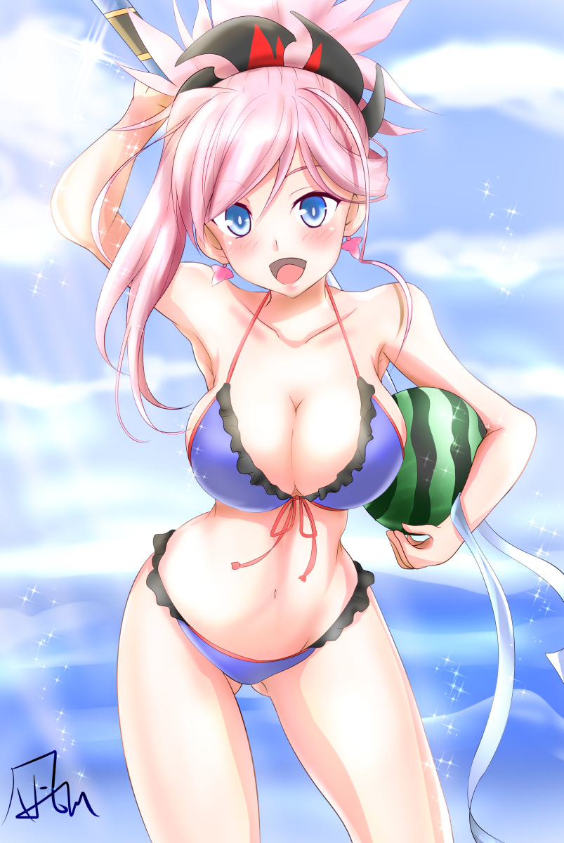 1girl bikini blue_eyes blush breasts cleavage fate/grand_order fate_(series) food front-tie_top fruit highres large_breasts leaning_forward long_hair looking_at_viewer miyamoto_musashi_(fate/grand_order) nagishy navel open_mouth pink_hair ponytail purple_bikini signature smile solo standing swimsuit watermelon