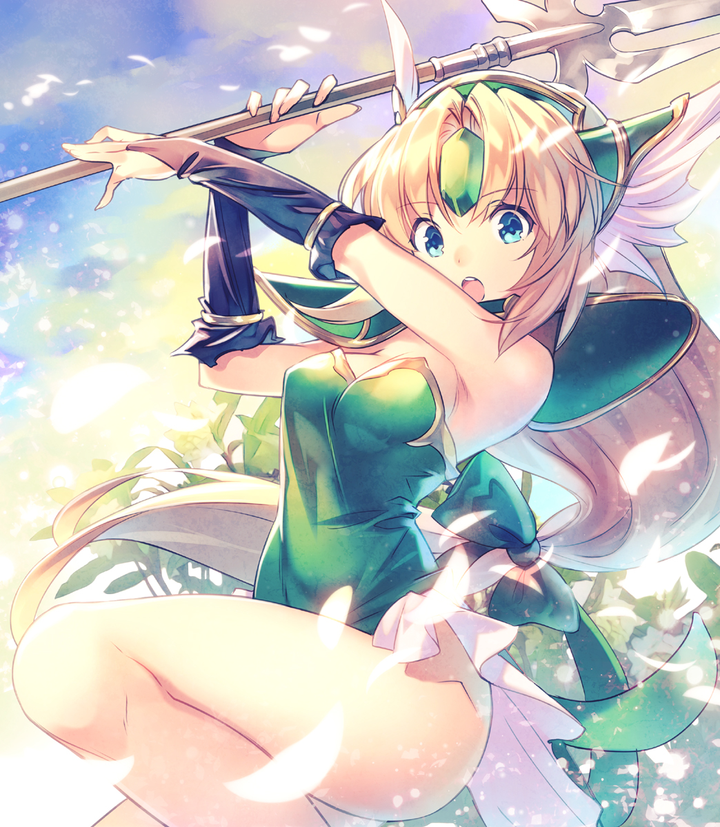 1girl :o armpits blonde_hair blue_eyes bow breasts bridal_gauntlets cleavage dress forehead_jewel from_side green_bow green_dress hair_bow hair_intakes head_wings headgear highres hirano_katsuyuki holding holding_weapon long_hair looking_to_the_side low-tied_long_hair open_mouth pauldrons petals polearm riesz seiken_densetsu seiken_densetsu_3 small_breasts solo spear thighs very_long_hair weapon