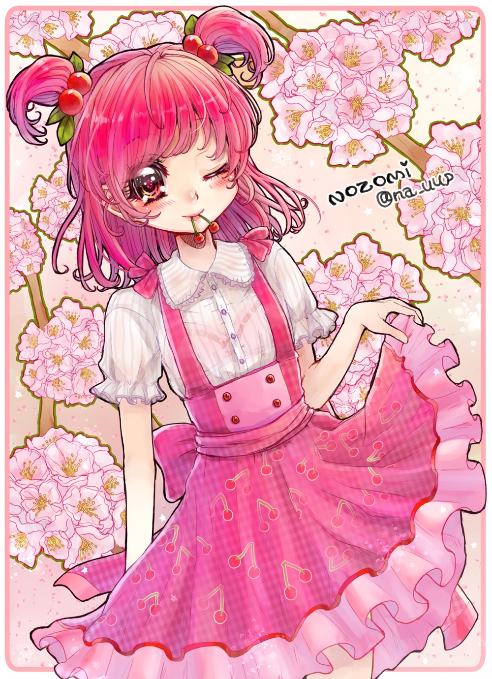 1girl aki_(na_uup) blouse character_name cherry cherry_print floral_background flower food food_print fruit hair_ornament highres mouth_hold one_eye_closed pink_hair pink_skirt precure print_skirt red_eyes short_hair short_twintails skirt skirt_hold smile solo twintails twitter_username white_blouse yes!_precure_5 yumehara_nozomi