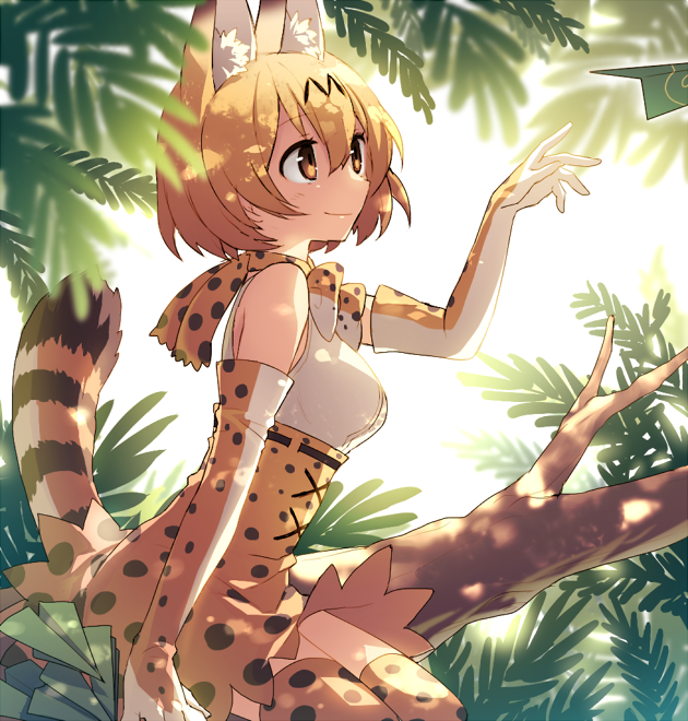 1girl animal_ears bare_shoulders blush bow bowtie breasts cat_ears cat_tail commentary cross-laced_clothes dappled_sunlight elbow_gloves eyebrows_visible_through_hair forest from_side gloves hair_between_eyes hand_up hijiri_(resetter) in_tree japari_symbol kemono_friends leaf looking_away medium_breasts nature orange_hair outdoors paper_airplane serval_(kemono_friends) serval_ears serval_print serval_tail shirt short_hair sitting sitting_in_tree skirt sleeveless sleeveless_shirt smile solo striped_tail sunlight tail tareme tree white_shirt