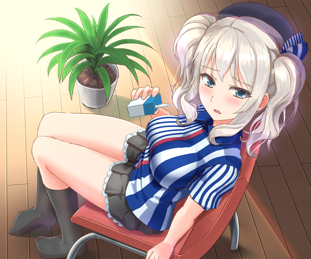 1girl black_skirt blouse blue_eyes blush breasts chair cigarette employee_uniform from_above full_body hair_between_eyes kantai_collection kashima_(kantai_collection) large_breasts lawson long_hair looking_at_viewer miniskirt moru_(00hal) open_mouth pleated_skirt revision shoes short_sleeves silver_hair skirt solo striped striped_blouse twintails uniform vertical_stripes wavy_hair wooden_floor