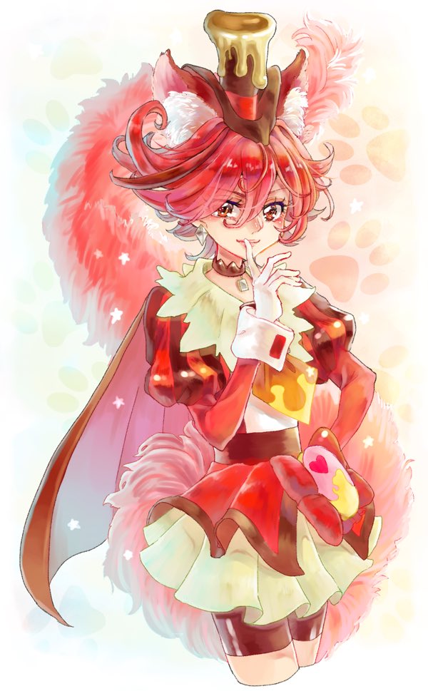 1girl aki_(na_uup) animal_ears brown_choker brown_hat cape cowboy_shot cure_chocolat dog_ears dog_tail earrings extra_ears finger_to_mouth gloves hand_on_hip hat jewelry juliet_sleeves kenjou_akira kirakira_precure_a_la_mode lips long_sleeves looking_at_viewer magical_girl paw_print precure puffy_sleeves red_eyes red_shorts redhead short_hair shorts shorts_under_skirt skirt smile solo tail top_hat white_gloves white_skirt