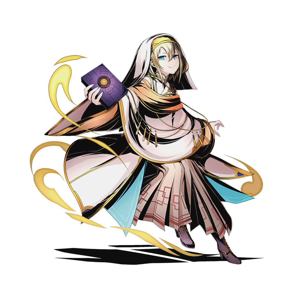 1girl blonde_hair blue_eyes book divine_gate dress full_body hair_between_eyes high_heels holding holding_book looking_at_viewer nun official_art pleated_dress shadow short_hair smile solo transparent_background ucmm