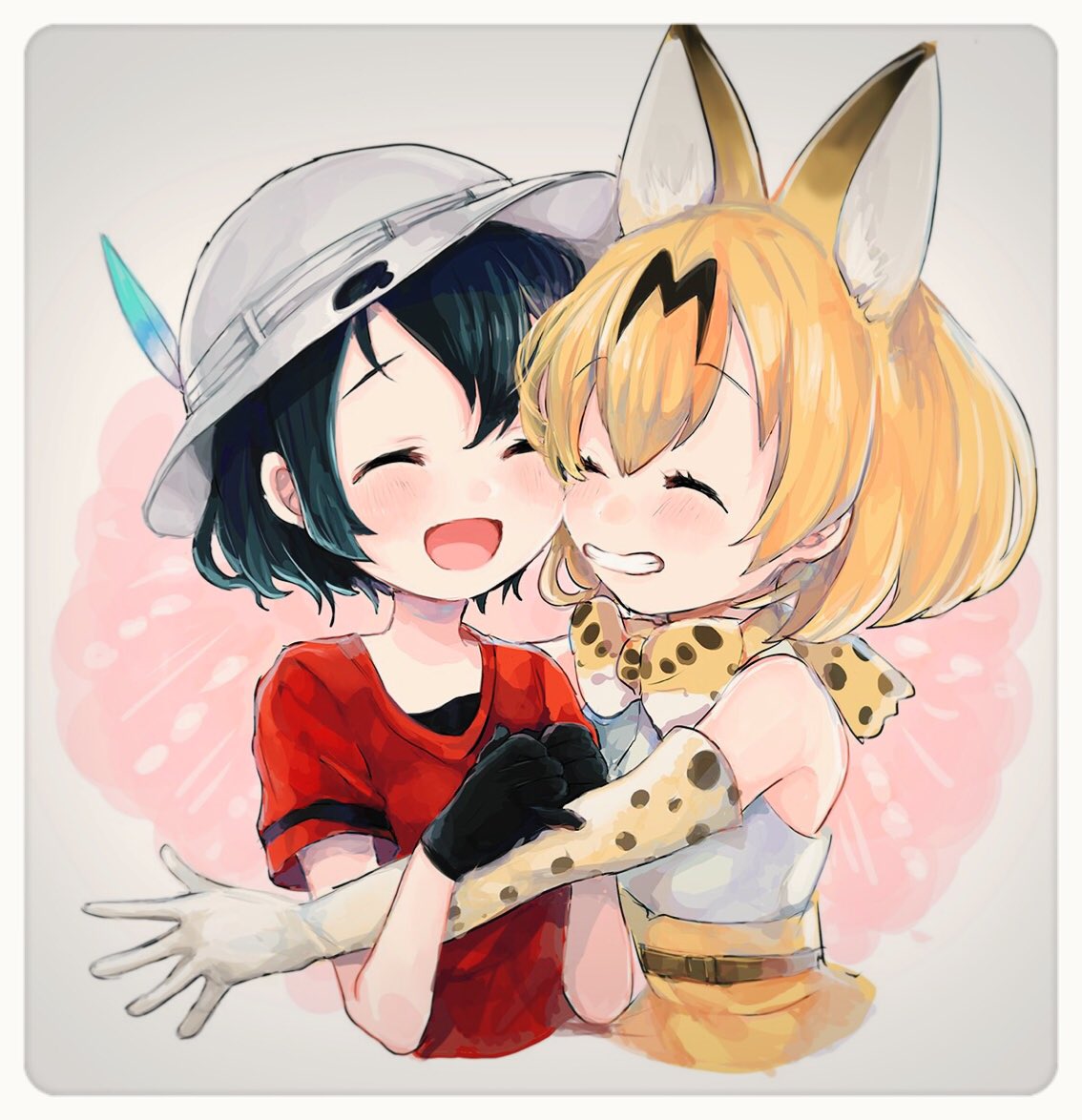 2girls ^_^ animal_ears bare_shoulders belt black_gloves black_hair blush border brown_belt bucket_hat closed_eyes comeco commentary elbow_gloves eyebrows_visible_through_hair facing_another gloves grey_background grin hands_up happy hat hat_feather hug kaban kemono_friends multicolored multicolored_background multiple_girls open_mouth orange_hair own_hands_together pink_background red_shirt rounded_corners serval_(kemono_friends) serval_ears serval_print shirt short_hair short_sleeves skirt sleeveless sleeveless_shirt smile teeth upper_body white_border white_shirt |d