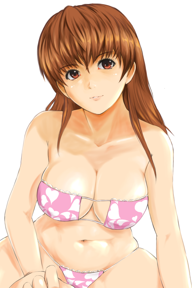 1girl bikini breasts brown_eyes brown_hair cleavage dead_or_alive heart heart_print kasumi_(doa) lips long_hair looking_at_viewer navel pink_bikini shu-z simple_background swimsuit white_background