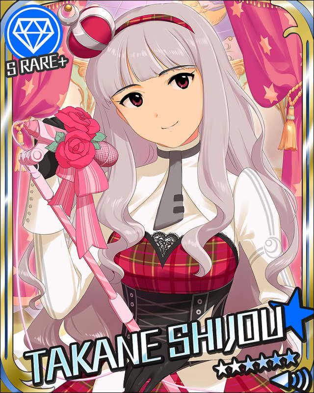 1girl annindoufu_(oicon) card_(medium) character_name crown dress flower gloves hair_ornament hairband idolmaster idolmaster_cinderella_girls long_hair microphone necktie official_art pantyhose plaid punkish_gothic red_eyes shijou_takane silver_hair vintage_microphone