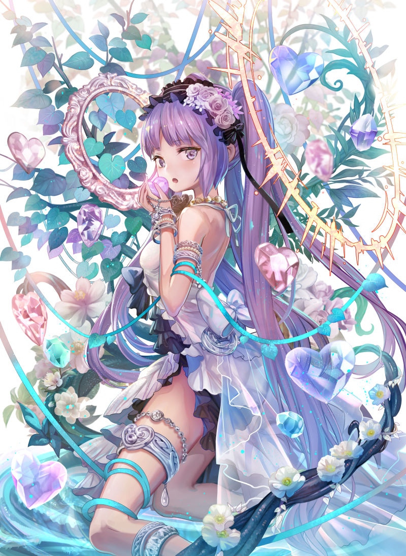 1girl :o armlet bangs bare_shoulders blunt_bangs blush bracelet breasts crystal dress euryale fate/hollow_ataraxia fate_(series) flower from_side hair_flower hair_ornament hairband headdress heart jewelry kneeling leaf lolita_hairband long_hair looking_at_viewer looking_to_the_side mirror open_mouth purple_hair purple_rose rose small_breasts solo thighlet torino_akua twintails very_long_hair violet_eyes white_dress