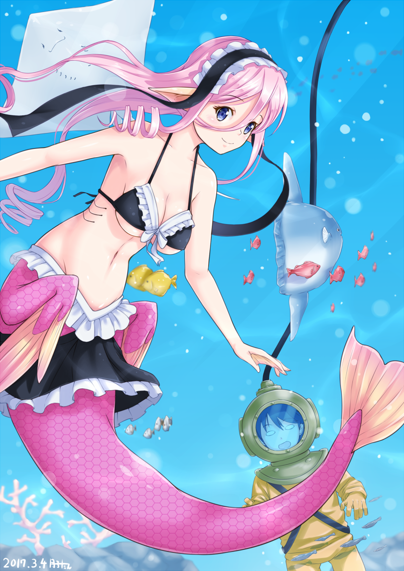 1boy 1girl 2017 animal bikini bikini_skirt blank_eyes blue_eyes breasts breathing_tube coral dated diving_helmet diving_suit eyebrows_visible_through_hair fish frilled_bikini frills gecotan gills hair_between_eyes hairband head_fins helmet kurusu_kimihito lolita_hairband long_hair manta_ray medium_breasts mermaid meroune_lorelei monster_girl monster_musume_no_iru_nichijou navel pink_hair scales signature smile sunfish swimsuit underwater webbed_hands