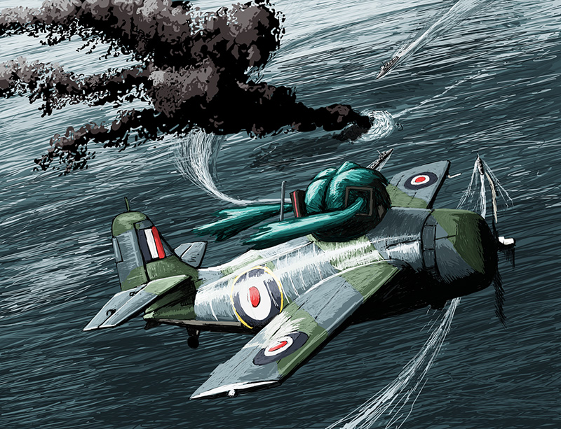 airplane destroyer grumman_martlet hatsune_miku historical_event military royal_navy rxjx ship smoke world_war_ii