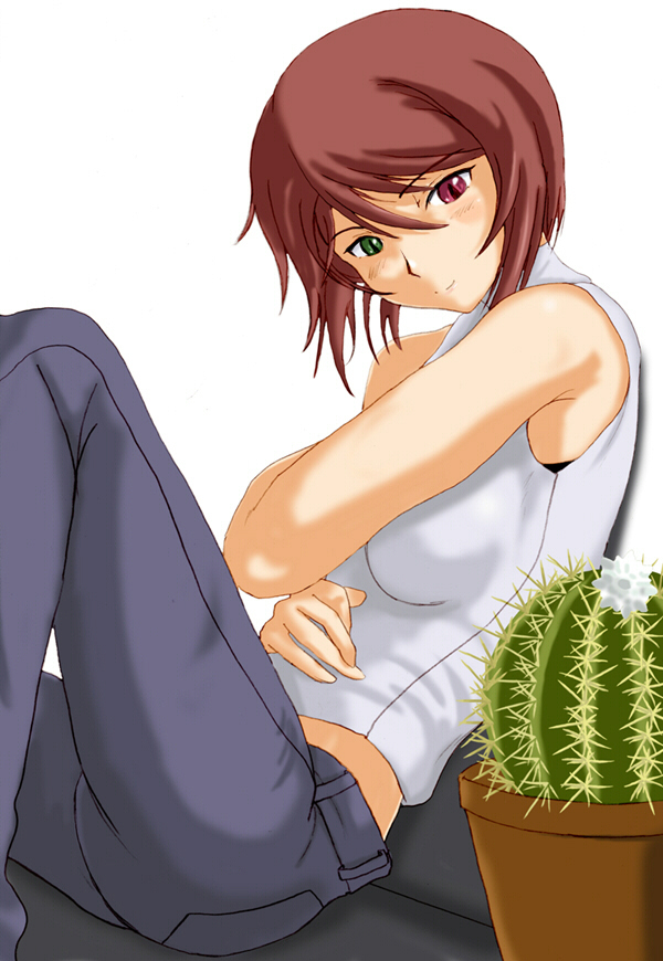 bare_shoulders brown_hair cactus casual heterochromia jeans rozen_maiden short_hair sleeveless sleeveless_turtleneck souseiseki turtleneck