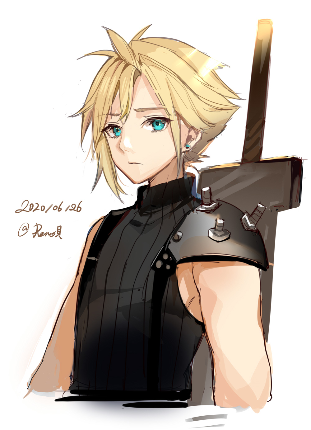 1boy aqua_eyes bangs black_shirt blonde_hair buster_sword cloud_strife cropped_torso dated earrings eyebrows_visible_through_hair final_fantasy final_fantasy_vii highres jewelry looking_at_viewer male_focus rero_(bigdoorbig2) ribbed_shirt shirt simple_background sleeveless sleeveless_shirt solo stud_earrings sword twitter_username upper_body weapon weapon_on_back white_background