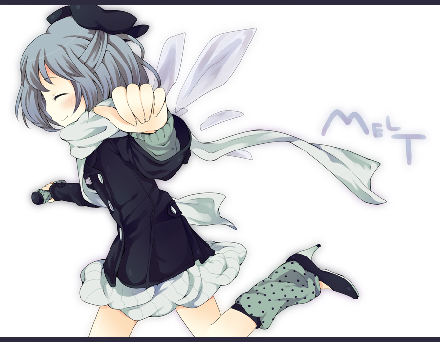 alternate_costume bad_id blue_hair blush casual cirno contemporary foreshortening happy high_heels leg_warmers letterboxed maki_(natoriumu) maki_(pixiv) melt_(vocaloid) profile running scarf shoes short_hair skirt smile solo touhou vocaloid wings winter_clothes