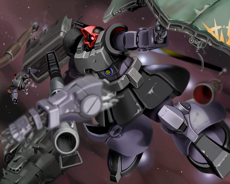 battle_damge damage damaged dom dorasu gundam mecha mobile_suit_gundam rick_dom severed_limb severed_limbs solo space weapon