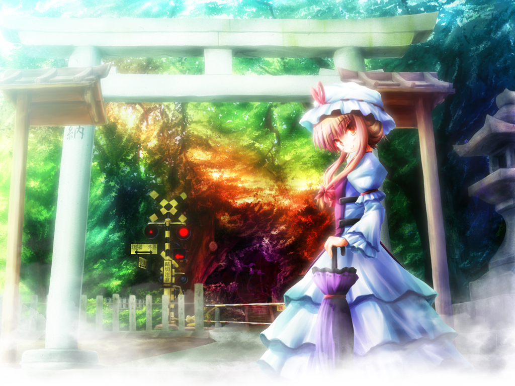 akashio_(loli_ace) bow brown_eyes colorful dress forest frilled_dress frills hair_bow hair_up hat hat_bow light_brown_hair looking_at_viewer nature parasol railroad_crossing railway_signal shushio sign solo torii touhou umbrella yakumo_yukari young