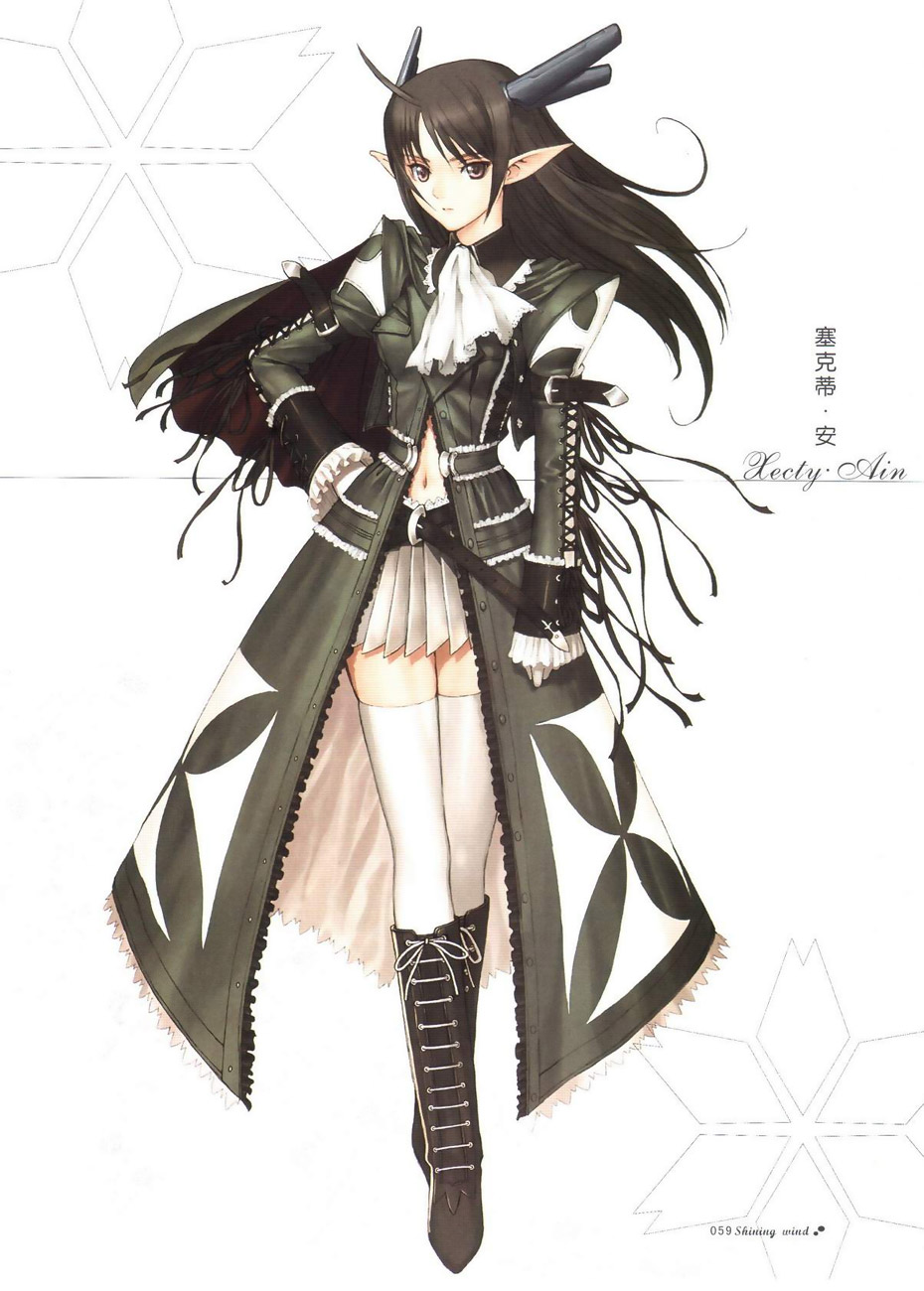 belt black_hair boots brown_eyes cape elf highres jabot lace laces long_coat long_hair long_sleeves midriff miniskirt open_clothes pink_eyes pointy_ears ribbon ribbons scan shining_(series) shining_wind skirt solo standing strap taka_tony thigh-highs thighhighs xecty_ein zettai_ryouiki