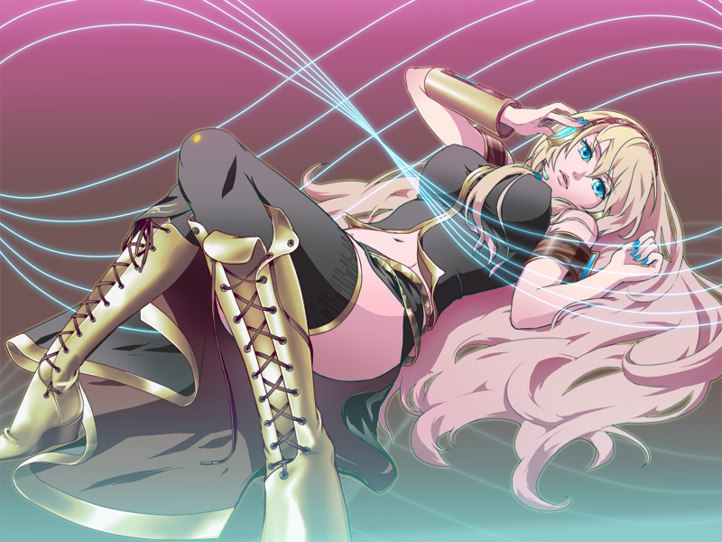 bad_id bare_shoulders blue_eyes boots breasts headphones knee_boots large_breasts lipstick long_hair long_skirt lying megurine_luka midriff nail_polish pizza_(artist) side_slit thigh-highs thighhighs upskirt very_long_hair vocaloid xpizzeriax