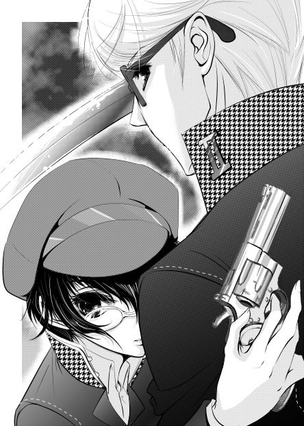 couple glasses gun handgun hat houndstooth hug monochrome narukami_yuu persona persona_4 protect revolver sakurasawa_yukino seta_souji shirogane_naoto short_hair weapon