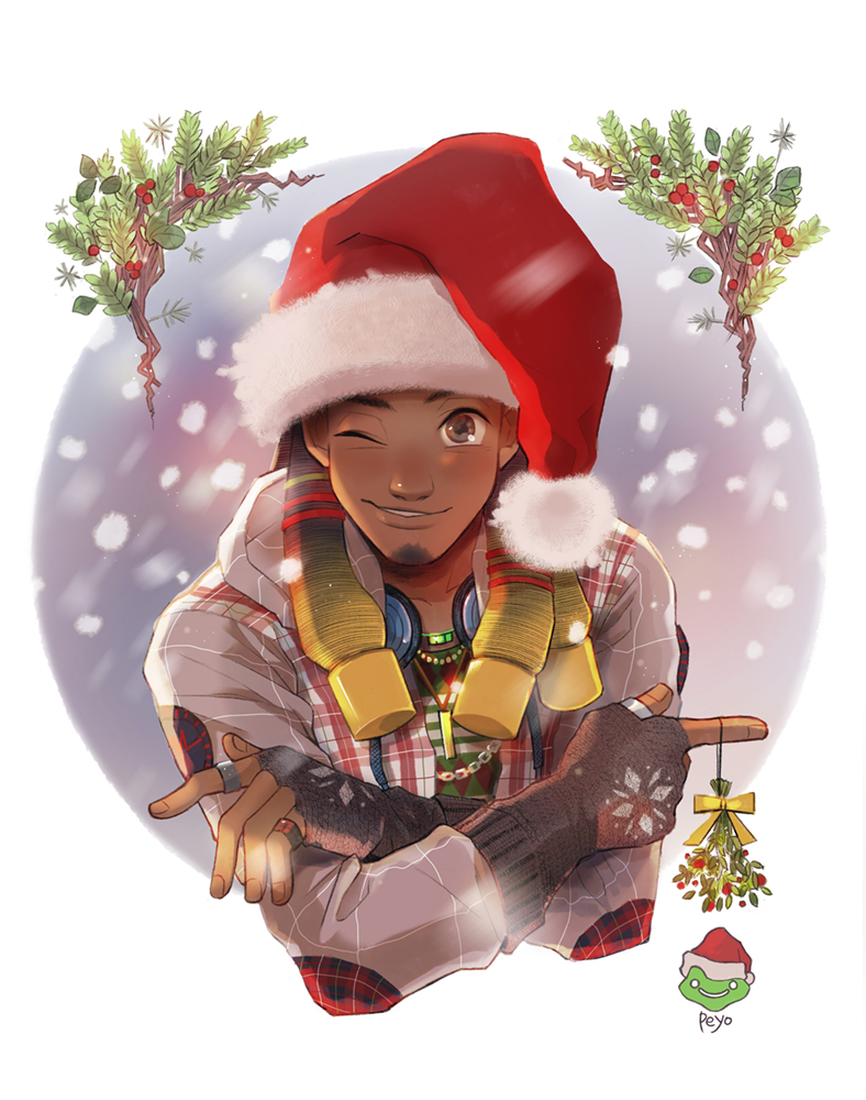 1boy ;) black_hair blonde_hair brown_eyes casual christmas dark_skin facial_hair fingerless_gloves gloves goatee gradient_hair hairlocs hat headphones headphones_around_neck jewelry long_hair lucio_(overwatch) male_focus mistletoe multicolored_hair one_eye_closed overwatch peyoberry plaid plaid_shirt ring santa_hat shirt smile solo