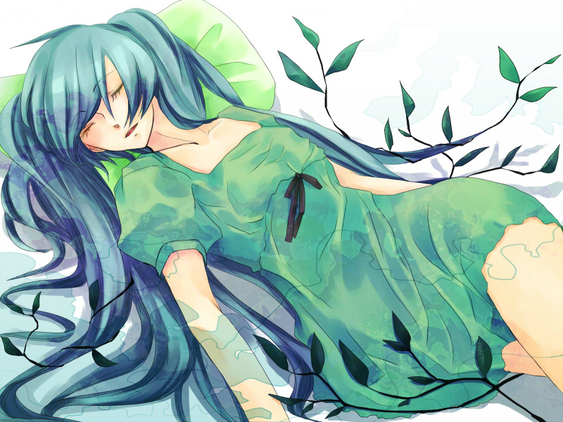 bad_id closed_eyes dress hatsune_miku leaf leaves sleeping tonoshiro twintails vocaloid