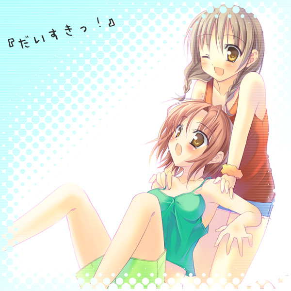 bad_id braid camisole multiple_girls open_mouth original short_hair shorts surume_(pixiv100117) twin_braids wink