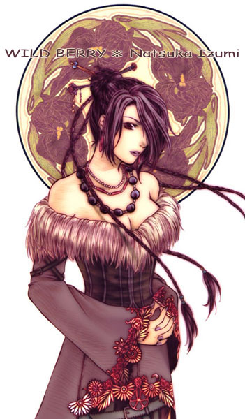 1girl bare_shoulders braid breasts cleavage dress feet_out_of_frame female final_fantasy final_fantasy_x fur-trimmed_dress fur_trim hair_ornament hair_over_one_eye hair_stick jewelry long_hair long_sleeves lulu multiple_necklaces nail_polish natsuka_izumi necklace off-shoulder_dress off_shoulder playstation_2 solo standing strapless strapless_dress